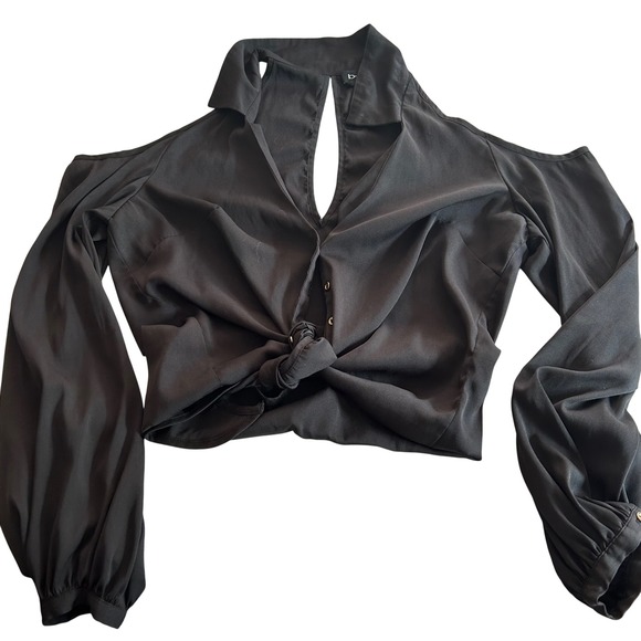 Bebe Black Crop Blouse- Small-Cold Shoulder Long Sleeve Tie Front Blouse Top - Picture 1 of 2